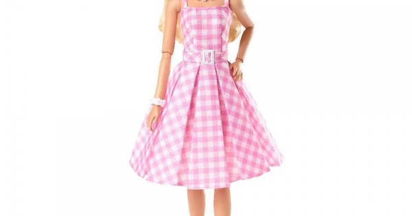 barbie movie pink checkered dress BARBIE THE MOVIE DOLL PINK GINGHAM DRESS