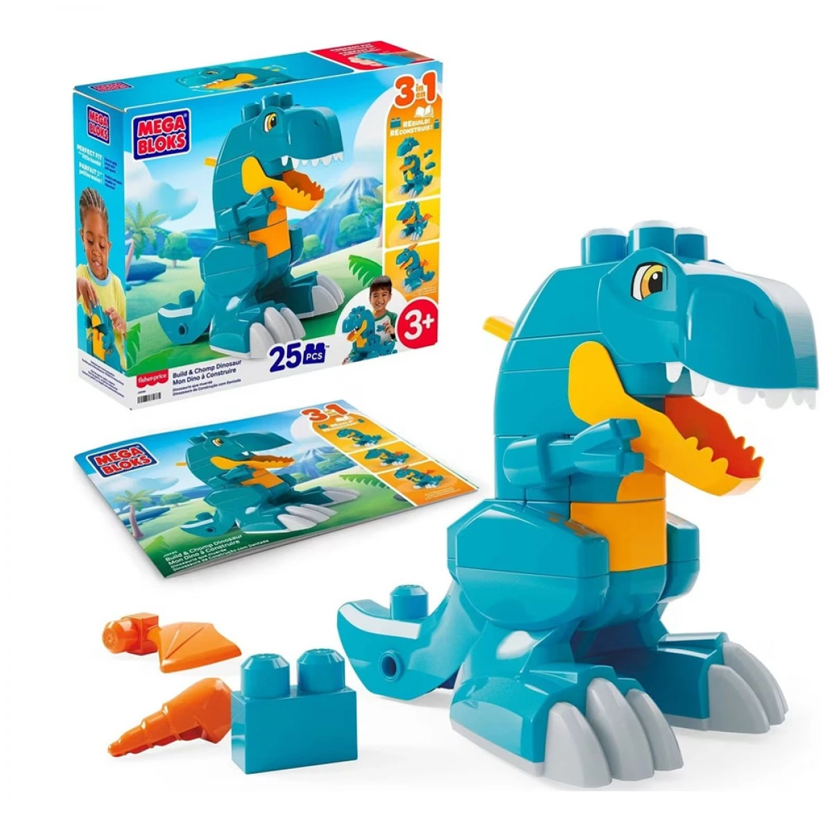 FISHER PRICE MEGA BLOCKS BUILD & CHOMP ΔΕΙΝΟΣΑΥΡΟΣ ΣΕΤ ΚΑΤΑΣΚΕΥΗΣ 3 ΣΕ 1 25ΤΕΜ JMK85